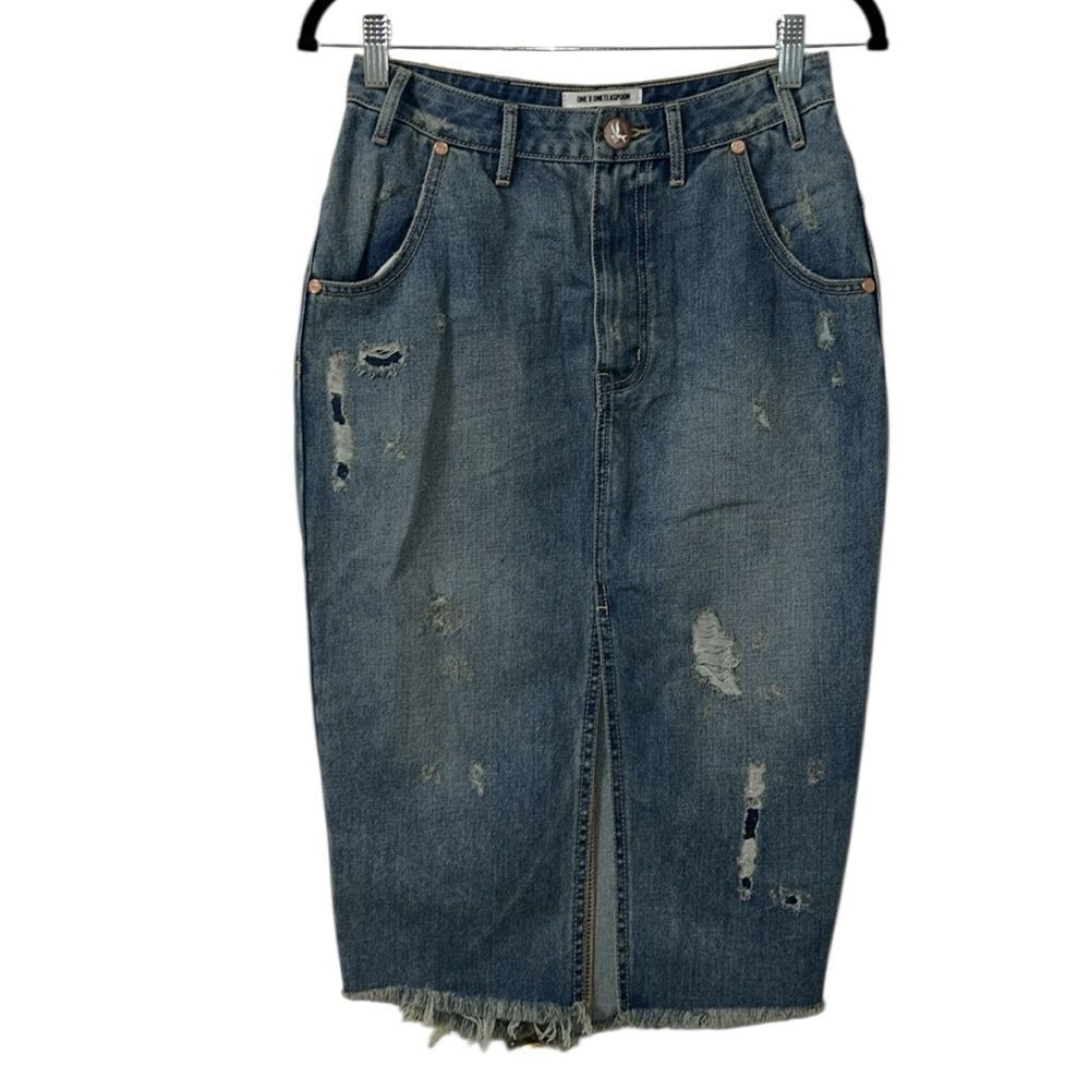 Revolve One Teaspoon Distressed Blue Denim Skirt(Size 26)